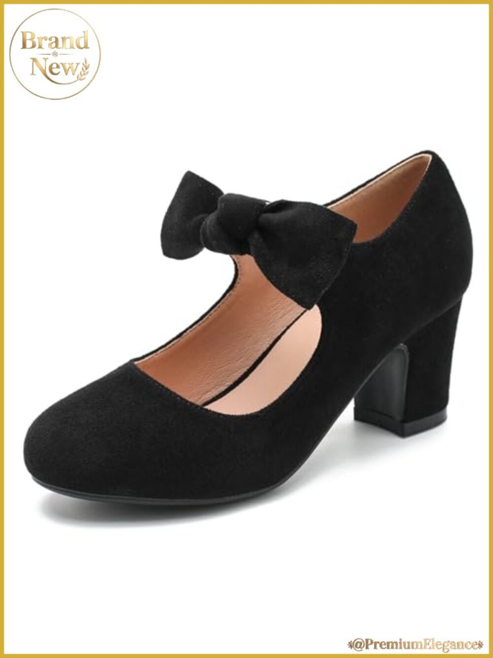 Mary Jane Block Heel Pumps Faux Suede Round Toe Bow Dress Shoes